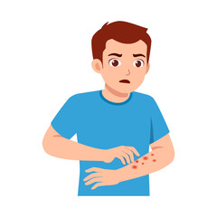 Young Man with Rash on Arm Looking Concerned in Illustration Style Graphic Design