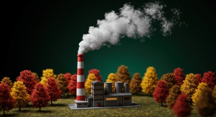 Factory releases smoke beside colorful autumn trees showcasing pollution and environmental themes in a conceptual colorful vibrant landscape