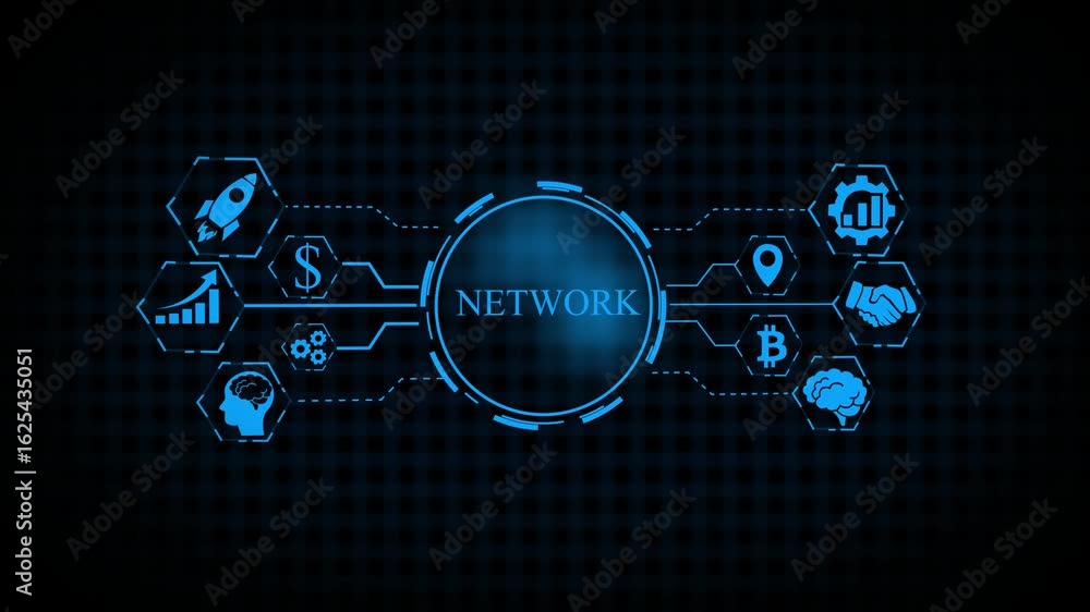 Poster animation of network of connections with people icons with glowing spots social networking service c