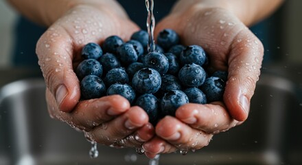 Washed blueberries fill cupped hands ready to be enjoyed as a healthy snack ingredient for a delicious recipe
