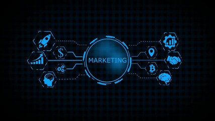 Internet Web marketing solutions blue tag cloud animation branding, advertising, SEO, social media, devices, internet and target isolated on .. - Powered by Adobe