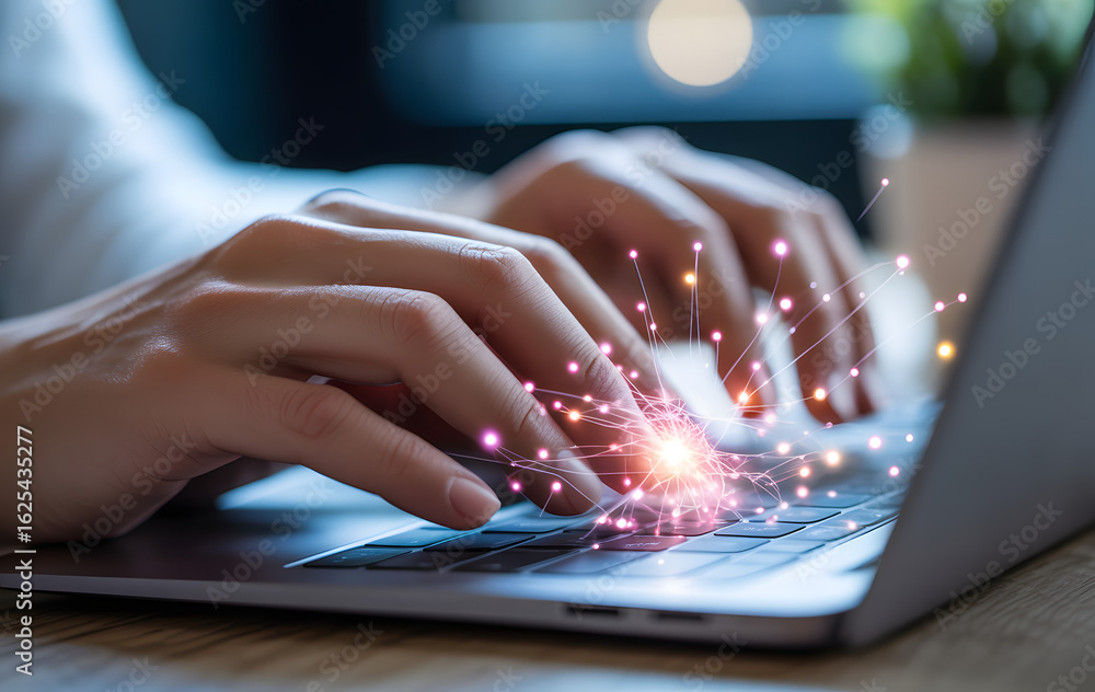 Poster digital connection: a person's hands interact with a laptop, symbolizing the blend of technology and