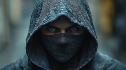 Close-up of a mysterious man in a brown hood and black face mask. His intense gaze conveys secrecy, danger, and anonymity, reflecting cybercrime, hacker culture, or dystopian themes.