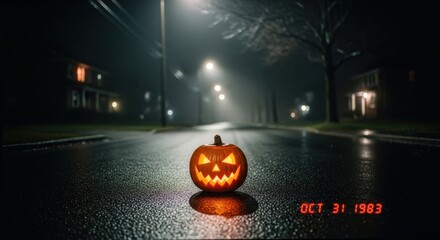 A Carved Pumpkin with a Sinister Grin Sits in the Middle of a Wet Street, Illuminated by Streetlights, Capturing the Essence of Halloween Night