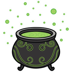 Cartoon Witch's Cauldron with Green Potion and Bubbles for Halloween Decoration