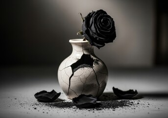 A Cracked Vase Holding a Black Rose, Surrounded by Broken Shards and Dark Powder, Creating a Somber and Artistic Atmosphere