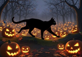 A Black Cat Walking Through a Spooky Pumpkin Patch Illuminated by Glowing Jack-o'-lanterns on a Foggy Halloween Night