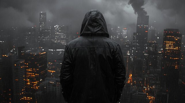 A hooded figure stands on a rooftop in the rain, overlooking a dark city skyline. The moody, cinematic atmosphere evokes themes of cybercrime, surveillance, or anonymous hackers in action. - Powered by Adobe