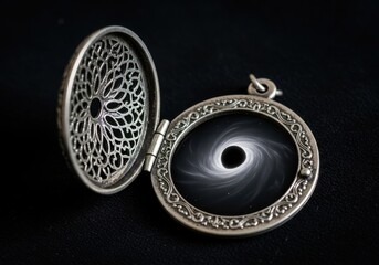 An Intricately Designed Silver Locket Reveals a Swirling Black Vortex, Inviting Curiosity and Intrigue