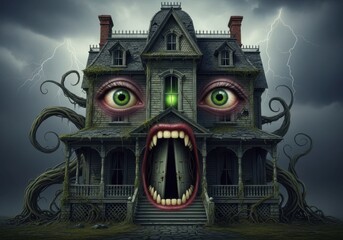A Haunted Mansion with Eerie Eyes and a Gaping Mouth, Surrounded by Twisted Vines and Dark Stormy Skies