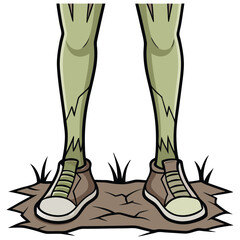 Zombie legs wearing sneakers stand on cracked earth with sparse vegetation