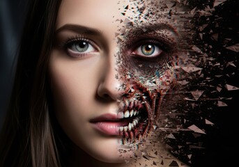 A Striking Portrait of a Woman's Face Transforming Into a Grotesque, Fragmented Skull, Blending Beauty with Horror