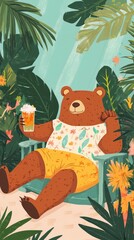 Lazy lounging bear sipping iced coffee in sunny garden, pastel flat style