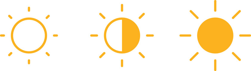 Brightness control icon set. Sun and screen brightness control icons representing light adjustment and display settings. Screen mode icons isolated on transparent background. Vector illustration.
