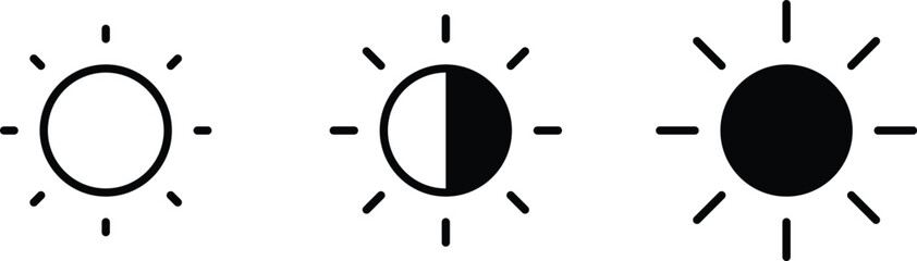 Brightness control icon set. Sun and screen brightness control icons representing light adjustment and display settings. Screen mode icons isolated on transparent background. Vector illustration.