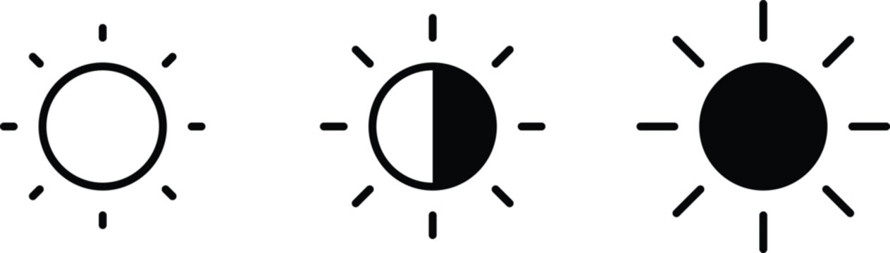 Brightness control icon set. Sun and screen brightness control icons representing light adjustment and display settings. Screen mode icons isolated on transparent background. Vector illustration.