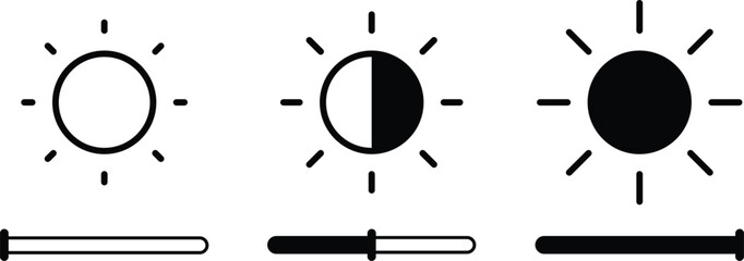 Brightness control icon set. Sun and screen brightness control icons representing light adjustment and display settings. Screen mode icons isolated on transparent background. Vector illustration.