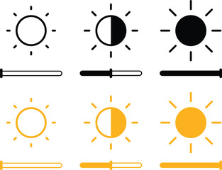 Brightness control icon set. Sun and screen brightness control icons representing light adjustment and display settings. Screen mode icons isolated on transparent background. Vector illustration.