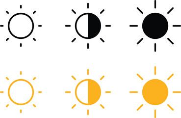 Brightness control icon set. Sun and screen brightness control icons representing light adjustment and display settings. Screen mode icons isolated on transparent background. Vector illustration.