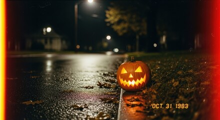 A Glowing Jack-o'-lantern Rests on a Wet Street, Illuminated by Streetlights on a Misty Halloween Night