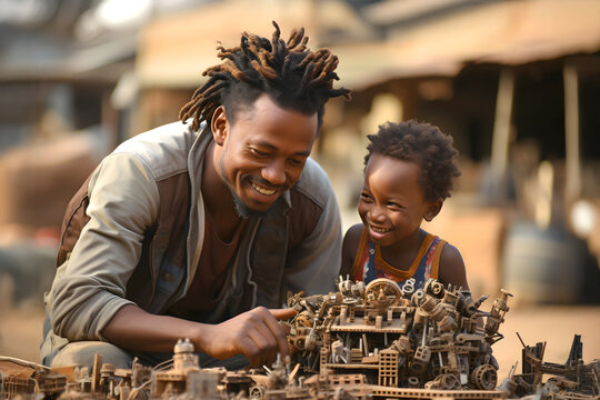 Father and son joyfully creating art from recycled materials in a vibrant outdoor workshop