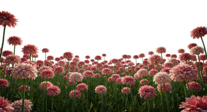 Photo of a vibrant field of pink flowers blooms under the bright sky, creating a picturesque landscape isolated on transparent background