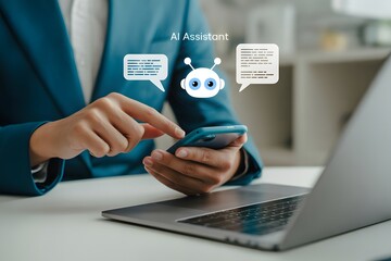 AI Assistant in the modern office: A close-up shot captures a person in a smart suit using a smartphone and laptop, with visual of AI assistant chat bubbles on the screen.