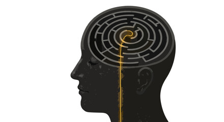 Silhouette of a head with a maze inside and a yellow line leading to the center of the maze design