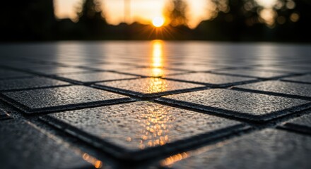 Closeup of wet stone tiles reflecting the golden light of the setting sun on a calm evening