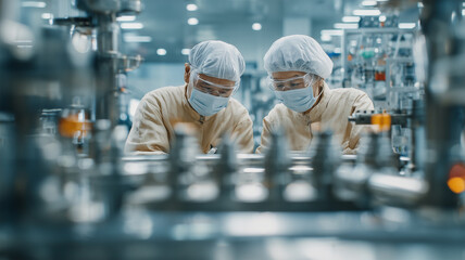 Obraz premium クリーンルームで日本人高齢男女が作業する様子