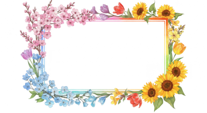 Photo of a vibrant watercolor flower frame featuring sunflowers, cherry blossoms, and tulips, perfect for adding a colorful touch isolated on transparent background