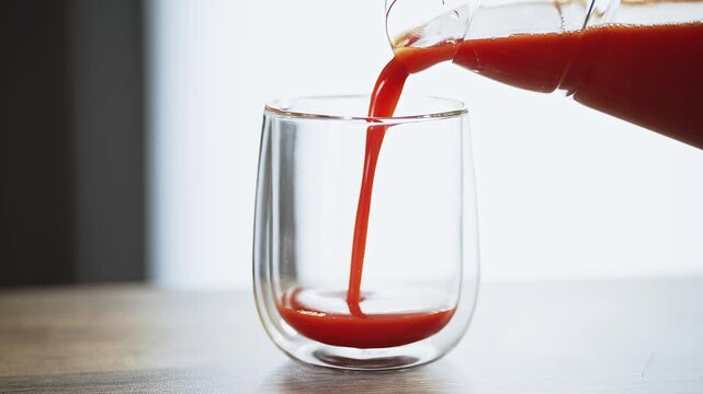 Close-up of vibrant red tomato juice being poured into a transparent glass. Rich color, smooth texture, and splash effect captured in motion. Concept of healthy drink and natural refreshment.