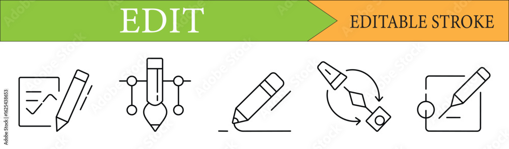 Poster edit, write, and draw line icon set with editable stroke
