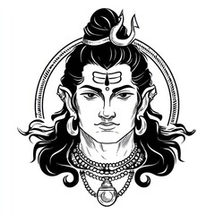 Detailed black and white portrait of a deity