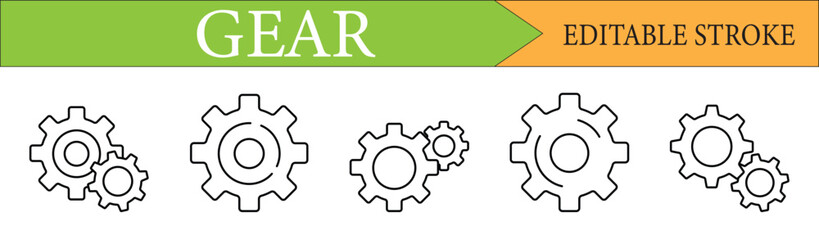 Gear and Cogwheel Line Icon Set with Editable Stroke