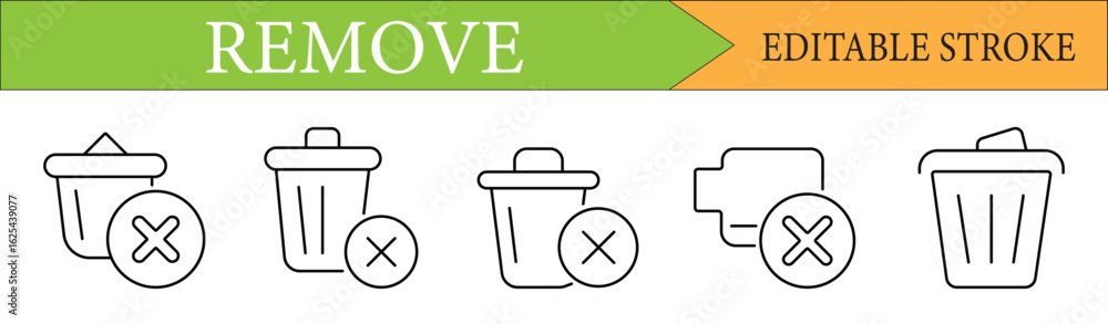 Poster remove and delete trash can line icon set with editable stroke