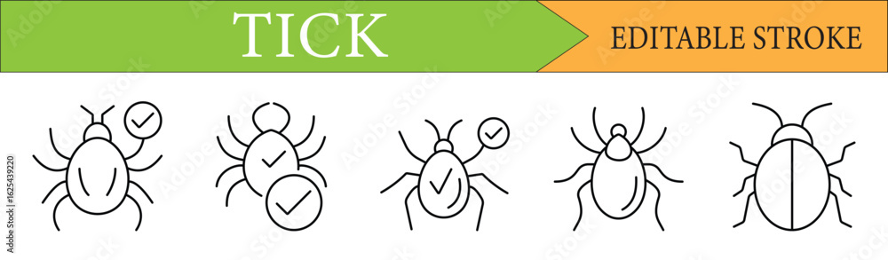 Poster tick insect and checkmark line icon set with editable stroke