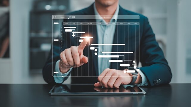 Digital Strategy: A business person navigates a virtual timeline on a digital interface, signifying a strategic overview for project development.