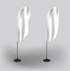 Two white blank feather flags waving on gray background