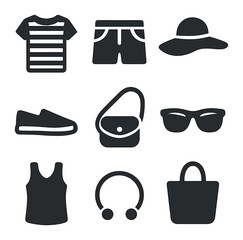 Casual Vacation Outfits Icons. olid, filled icons set of casual vacation outfits: striped tee, jean shorts,