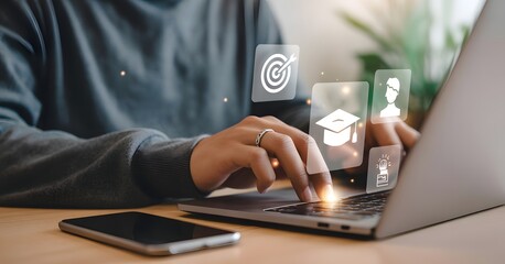 Digital learning landscape: A person intently works on a laptop, surrounded by symbolic icons representing learning, goals, and self-improvement.