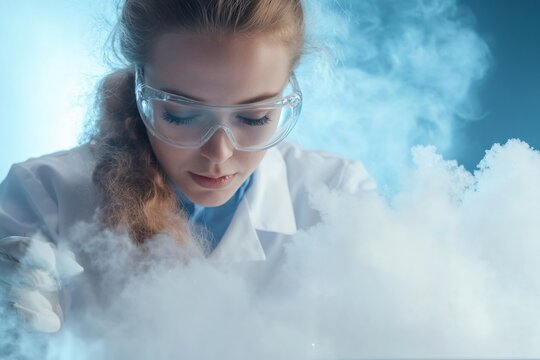 Female scientist focusing intently on her experiment, surrounded by swirling liquid nitrogen vapors in a high tech laboratory setting - Powered by Adobe
