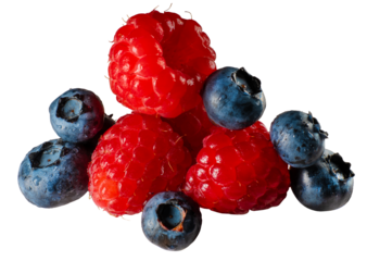 Fresh raspberries and blueberries isolated on transparent background. High-resolution macro photo of colorful summer berries