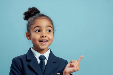 Portrait of a smiling young girl wearing a pilot uniform, pointing her finger towards copy space on a blue background
