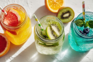 Colorful summer drinks in glass jars with fresh fruit slices and striped straws, refreshing beverages photographed from overhead on white table

