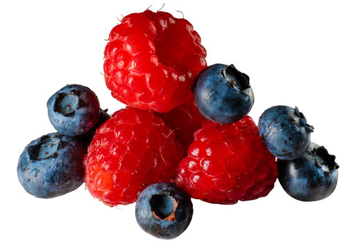 Fresh raspberries and blueberries isolated on transparent background. High-resolution macro photo of colorful summer berries