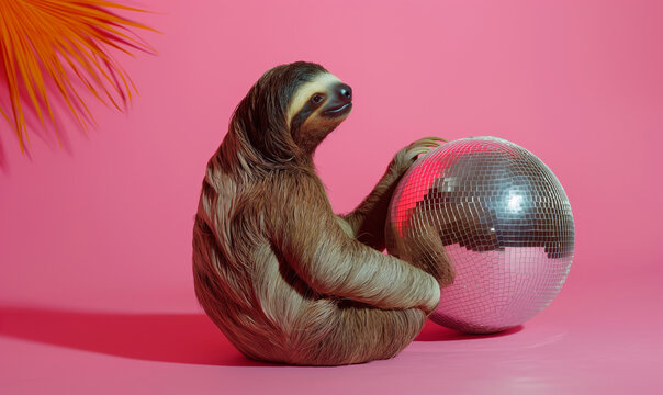 Party sloth with disco ball on vibrant pink background – playful and trendy concept for fun holiday campaigns