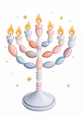 Happy Hanukkah А4. Colorful menorah with lit candles and stars on white background  