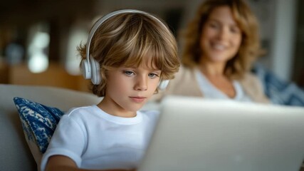 Child learning during online class with parent supervision - Powered by Adobe