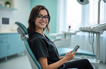 Young female dentist wearing glasses smiles, holding smartphone in dental office. Pro dentist in scrubs sits in chair, communicating via mobile phone. Modern dental clinic background.